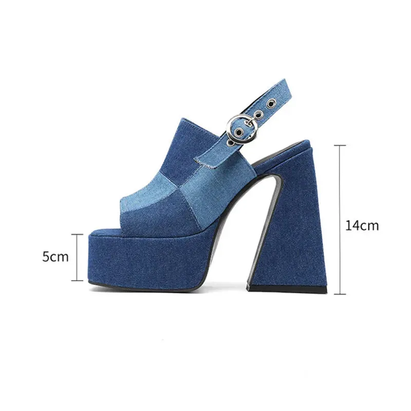 Amozae-2024  Women's Summer Fashion denim Color Contrast Platform High Heel Fishbill Shoes European and American Large Size Sandals