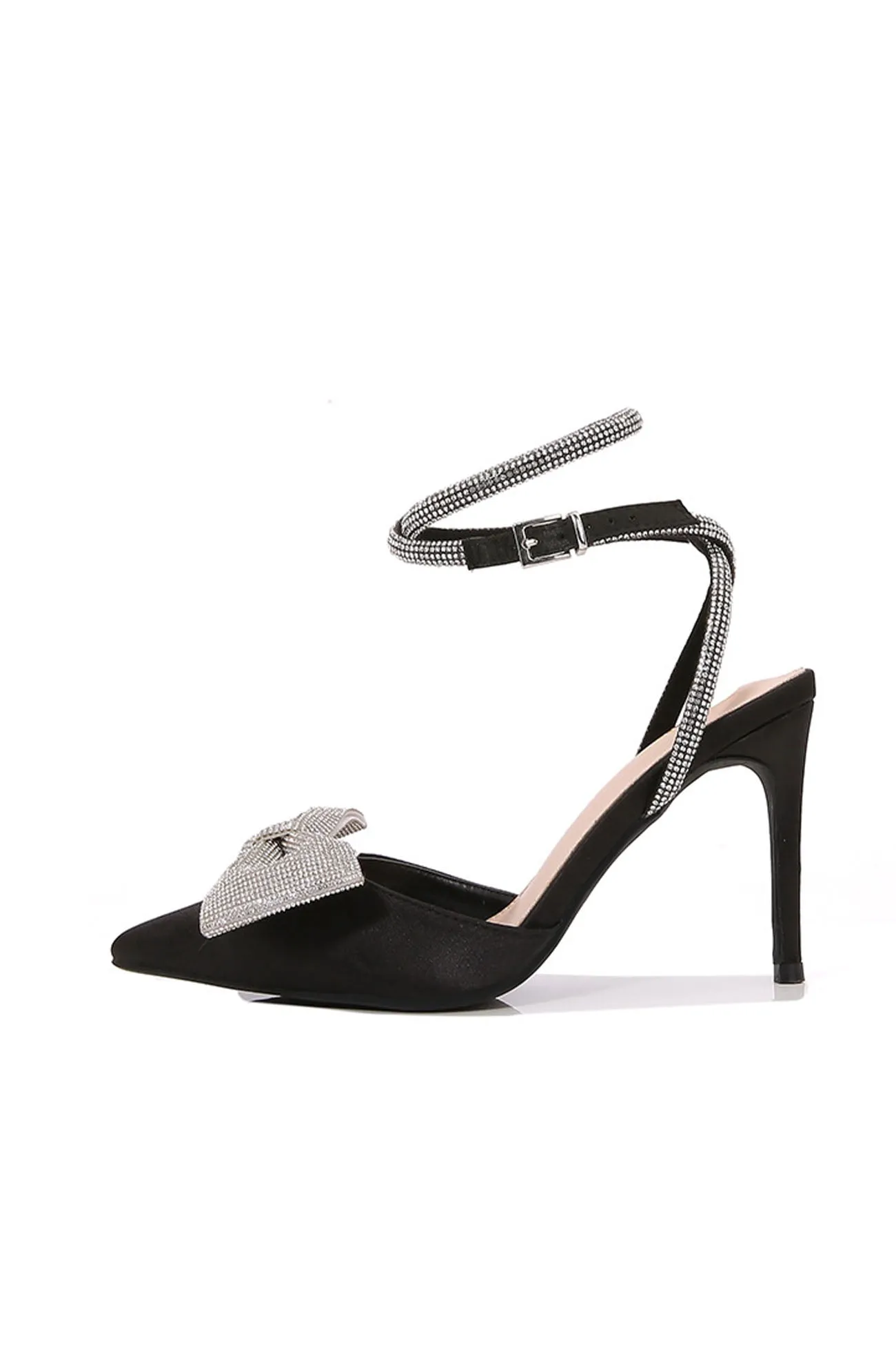 Amozae-Bow Rhinestone Ankle Strap High Heels