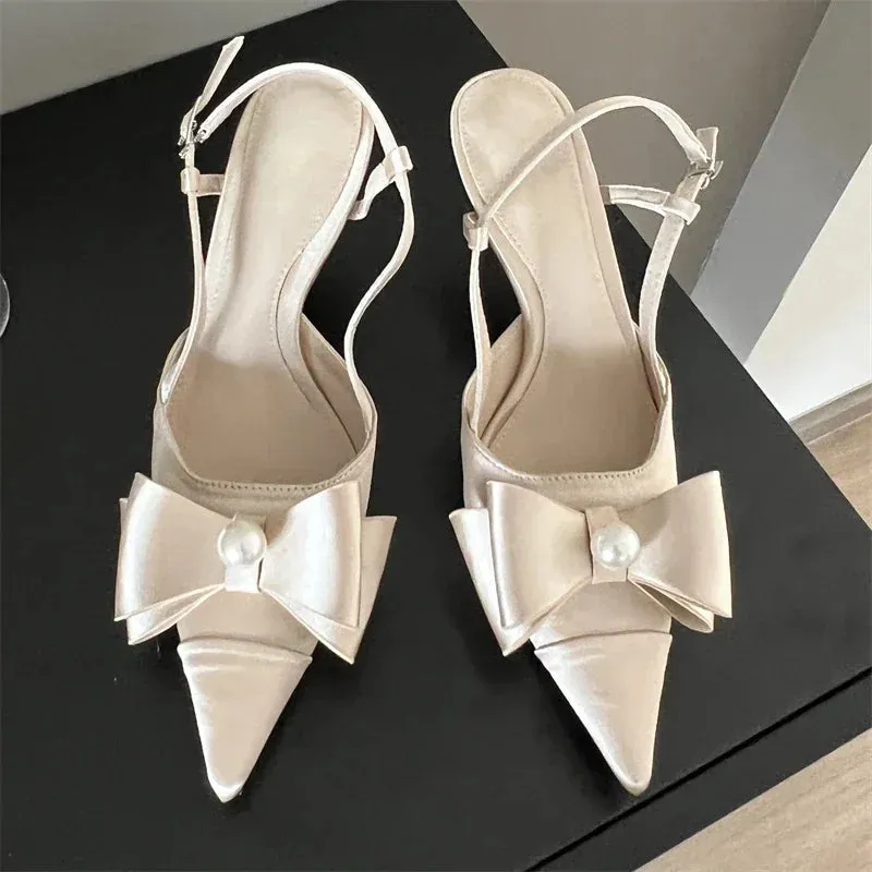 Amozae-Bow Tie Satin High Heeled Sandals Women Summer New Pointed Toe Pumps Women Office Shoes Fashion Designer Party Slingback Sandals