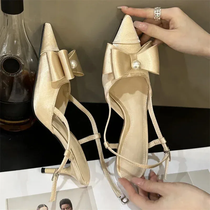 Amozae-Bow Tie Satin High Heeled Sandals Women Summer New Pointed Toe Pumps Women Office Shoes Fashion Designer Party Slingback Sandals