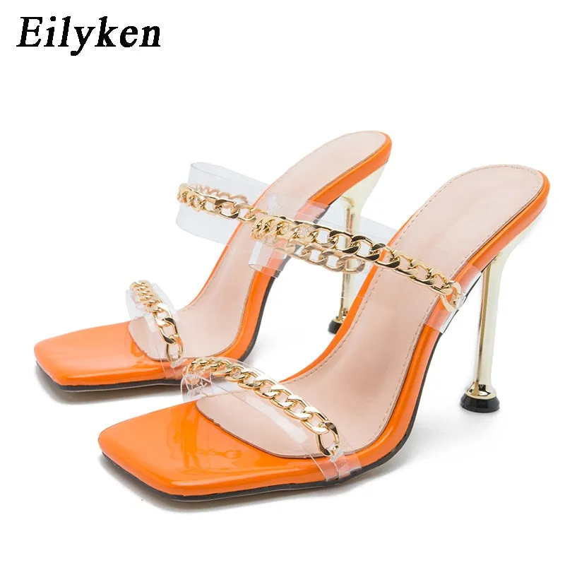 Amozae- Clear PVC Transparent High Heel Slippers Summer Fashion Chain Design Slip On Square Toe Slides Women Mules Pumps