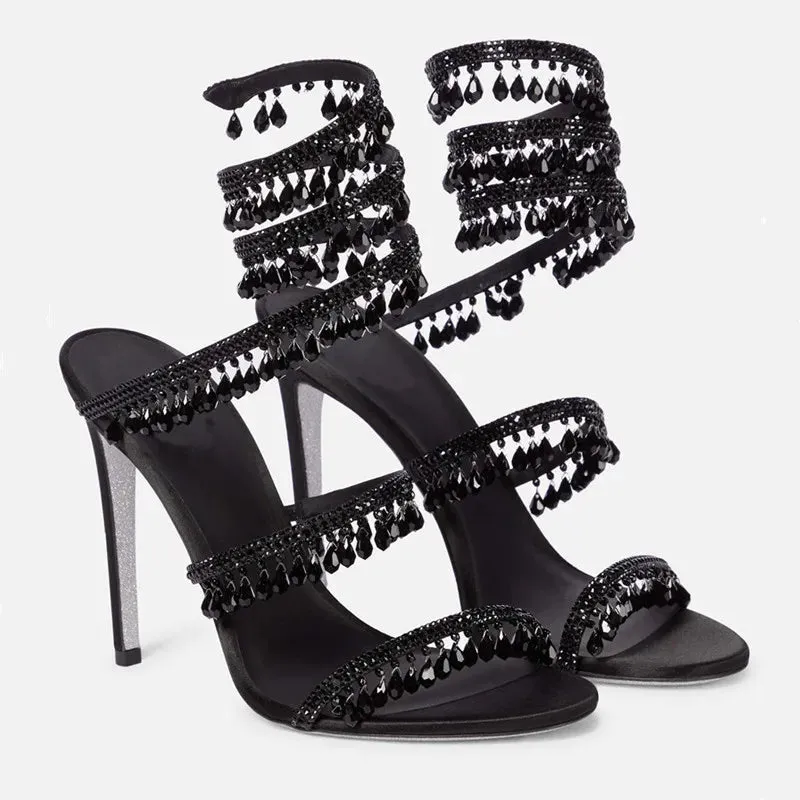 Amozae-Fashion Crystal Pendant Tassels Women Sandals Sexy Snake Coiled Stiletto High heels Gladiator sandals Summer Wedding Party Shoes