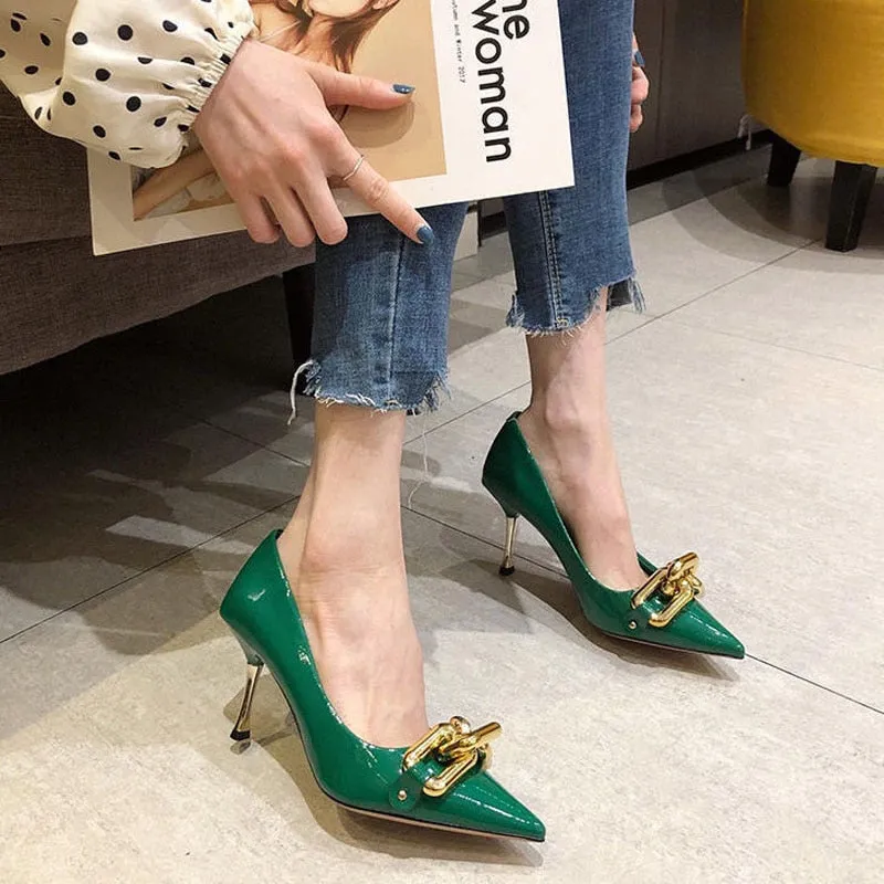 Amozae-Graduation Gift Big Sale Woman Heeled Shoes 2024 Pointed Toe Stiletto Shoes Women Green Pumps Patent Leather High Heels with Metal Chain Ladies Office