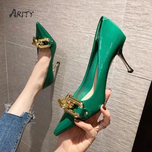 Amozae-Graduation Gift Big Sale Woman Heeled Shoes 2024 Pointed Toe Stiletto Shoes Women Green Pumps Patent Leather High Heels with Metal Chain Ladies Office