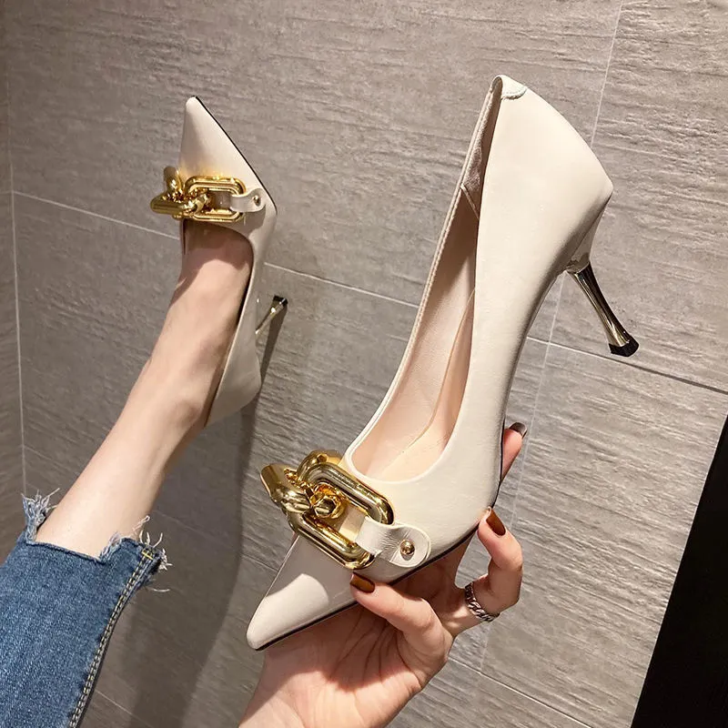 Amozae-Graduation Gift Big Sale Woman Heeled Shoes 2024 Pointed Toe Stiletto Shoes Women Green Pumps Patent Leather High Heels with Metal Chain Ladies Office