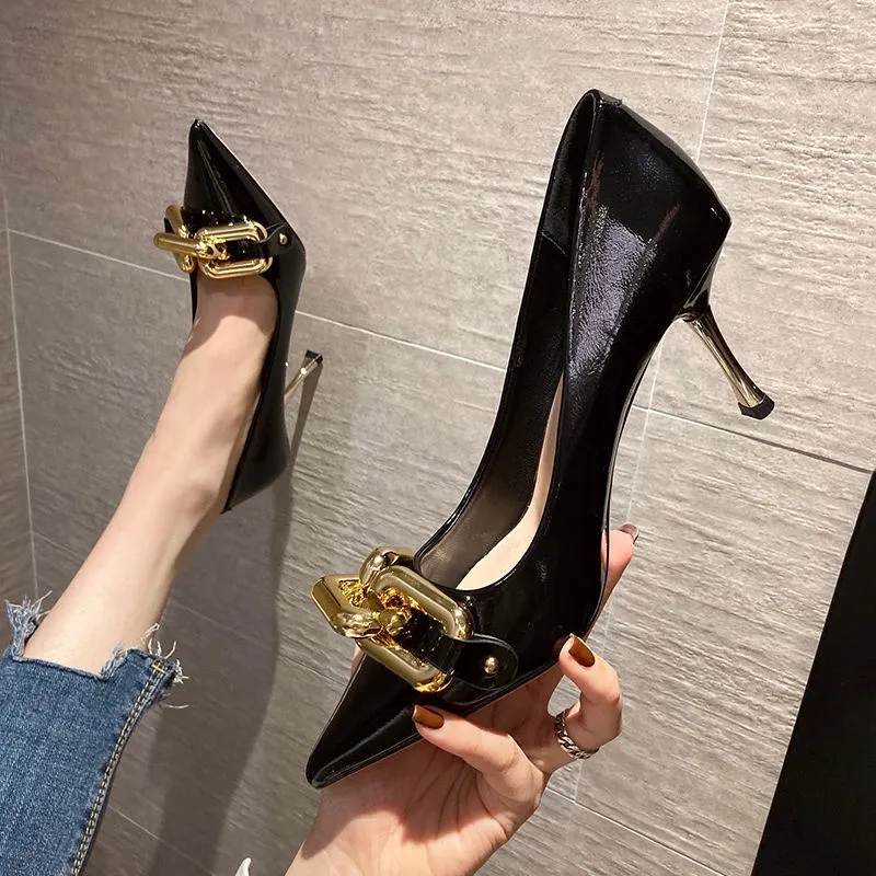 Amozae-Graduation Gift Big Sale Woman Heeled Shoes 2024 Pointed Toe Stiletto Shoes Women Green Pumps Patent Leather High Heels with Metal Chain Ladies Office