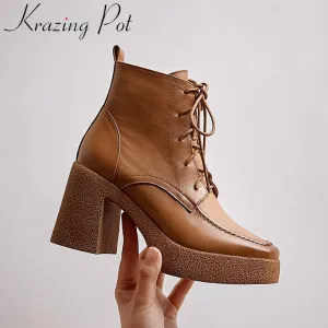 Amozae-Krazing Pot superstar cow leather square toe thick bottom platform winter shoes lace up vintage nightclub dress ankle boots L8f6