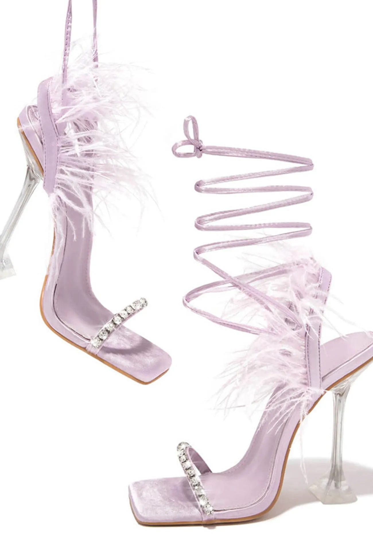 Amozae-Rhinestone Feather Tie-up Square Toe Sandals