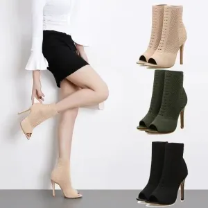 Amozae-Style Peep Toe Ankle Boots Stretch Women Fabric Out Breathable Booties Sexy Dance Pole Ladies Pumps Shoes 2024