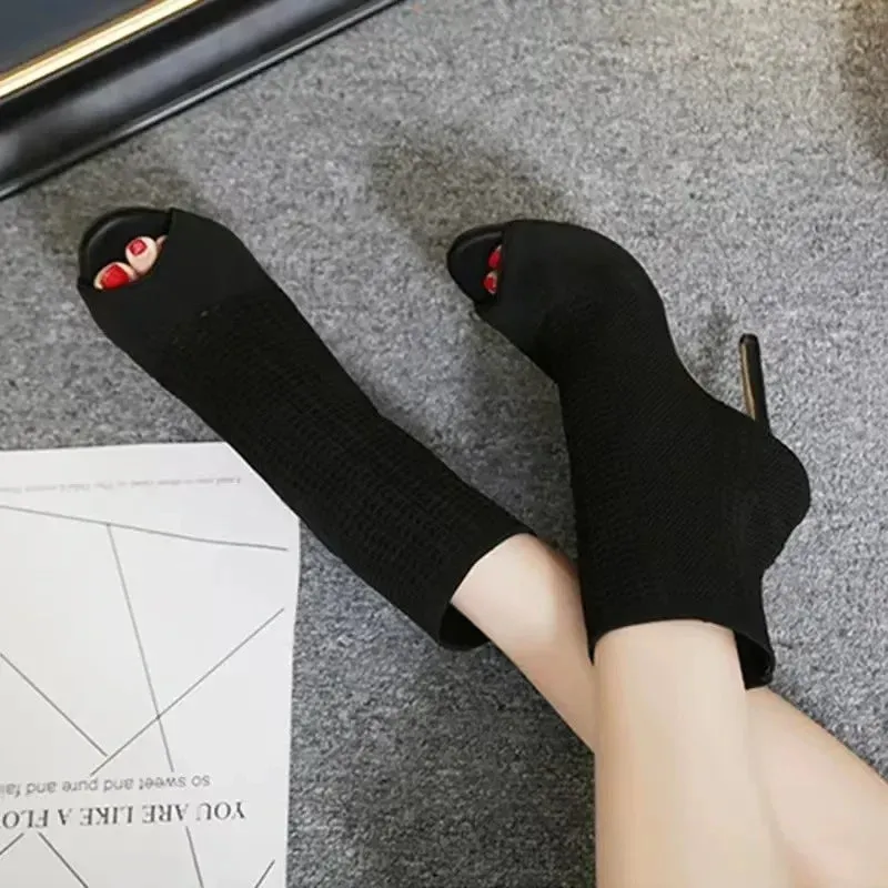 Amozae-Style Peep Toe Ankle Boots Stretch Women Fabric Out Breathable Booties Sexy Dance Pole Ladies Pumps Shoes 2024