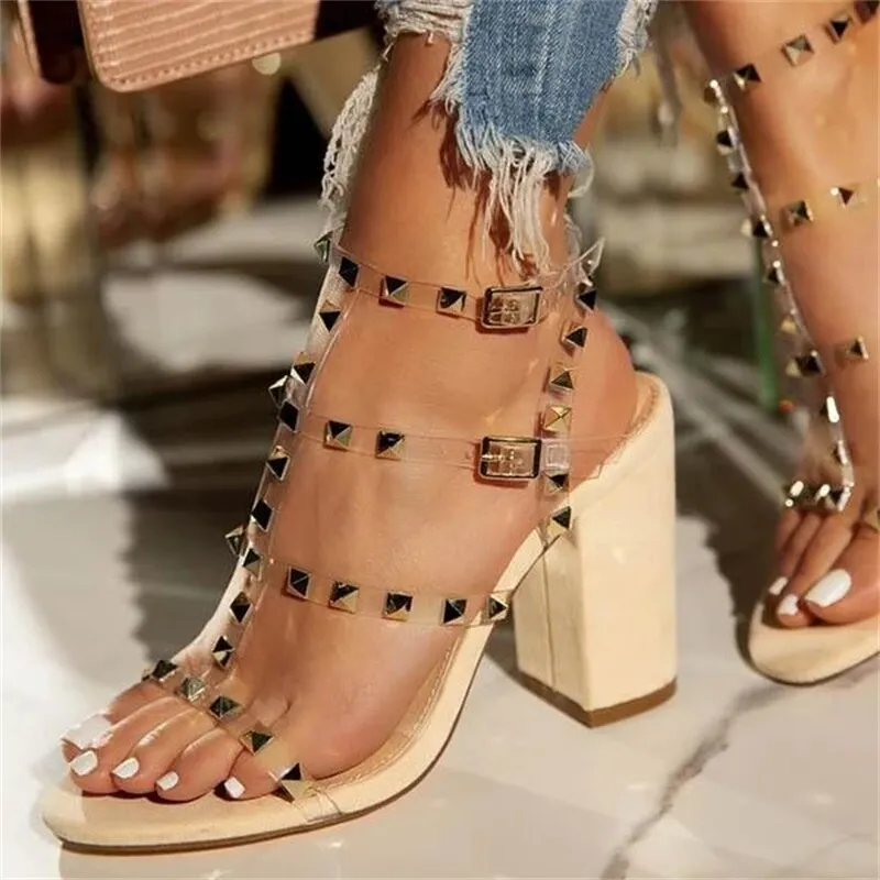 Amozae- Summer Women's High Heel Sandals Transparent Rivet Sandals Open Toe   High Heels Party Club Buckle Ladies Square High Heels