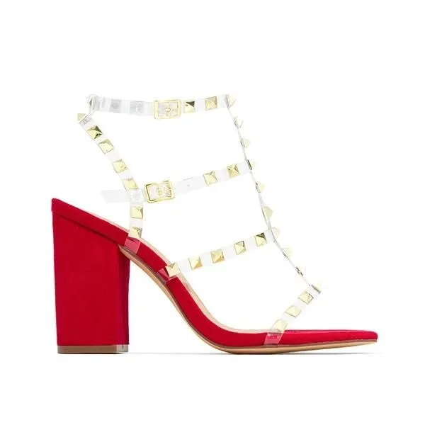 Amozae- Summer Women's High Heel Sandals Transparent Rivet Sandals Open Toe   High Heels Party Club Buckle Ladies Square High Heels