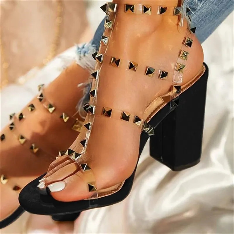 Amozae- Summer Women's High Heel Sandals Transparent Rivet Sandals Open Toe   High Heels Party Club Buckle Ladies Square High Heels