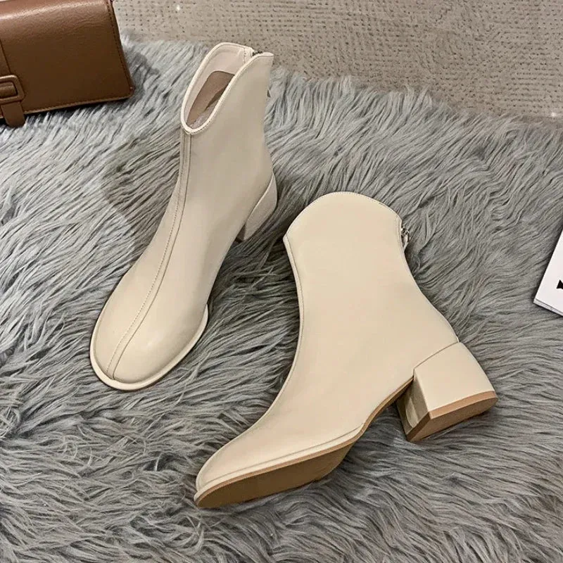 Amozae-Women Ankle Boots Comfy Winter Short Boot Ladies Plus Size 43 Zip Casual Round Toe Patent PU Fashions Beige Low Heel Boots Women