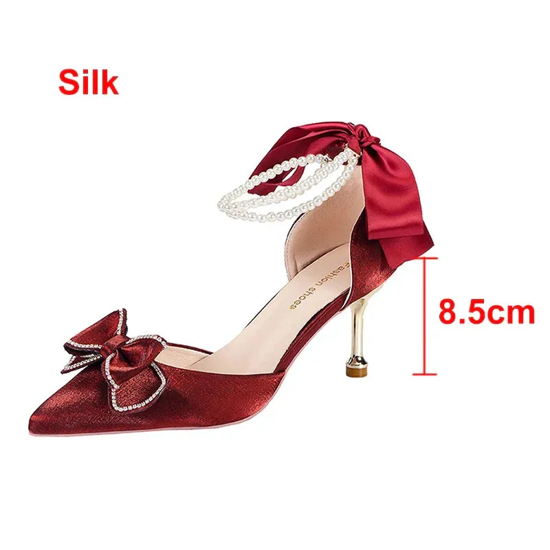 AMOZAE- - Women's Pearl Ankle Strap Pumps Luxury Bowknot Red Shoes