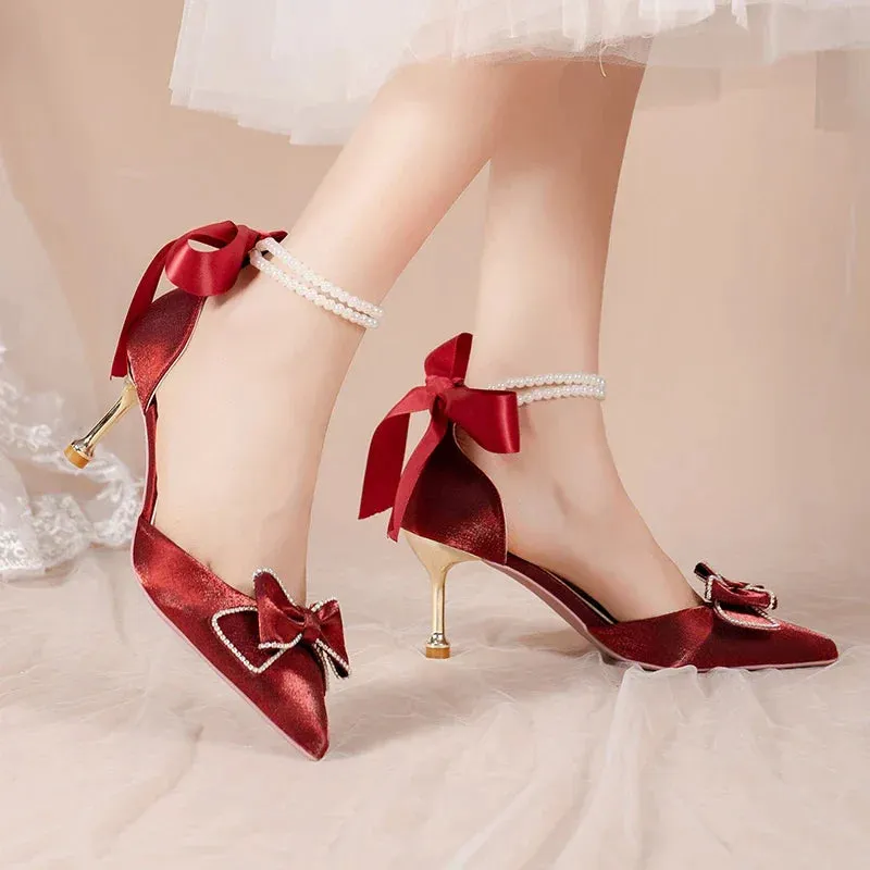 AMOZAE- - Women's Pearl Ankle Strap Pumps Luxury Bowknot Red Shoes