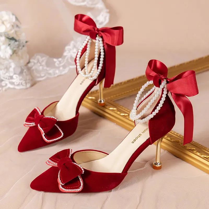 AMOZAE- - Women's Pearl Ankle Strap Pumps Luxury Bowknot Red Shoes