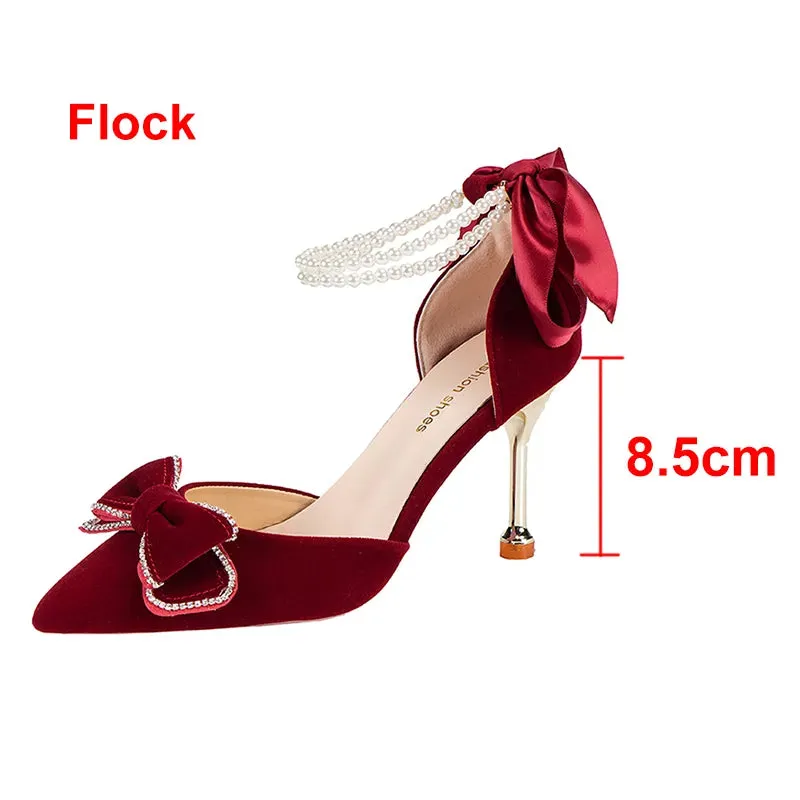 AMOZAE- - Women's Pearl Ankle Strap Pumps Luxury Bowknot Red Shoes