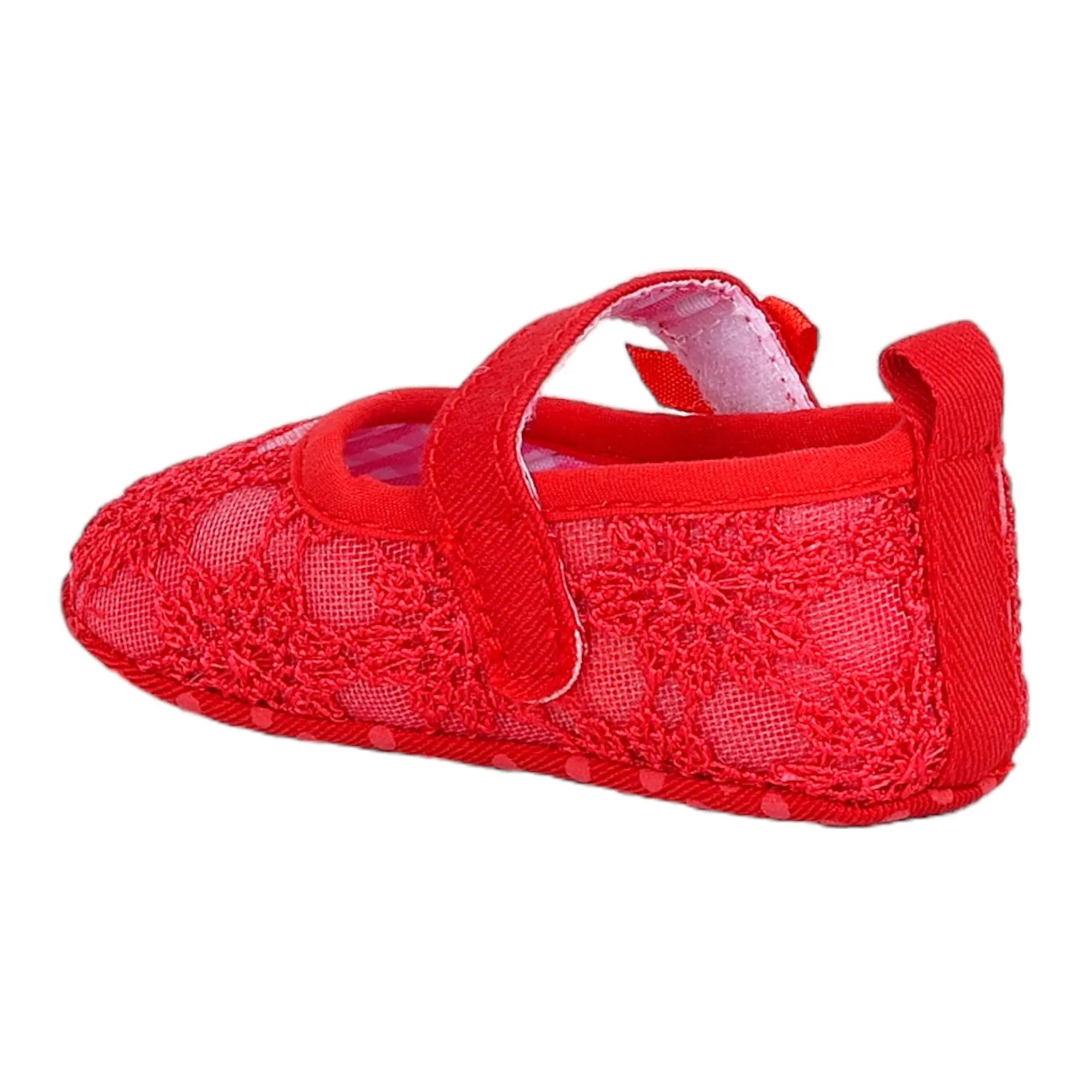 Baby Moo Floral Applique Lace Velcro Strap Ballerina Booties - Red