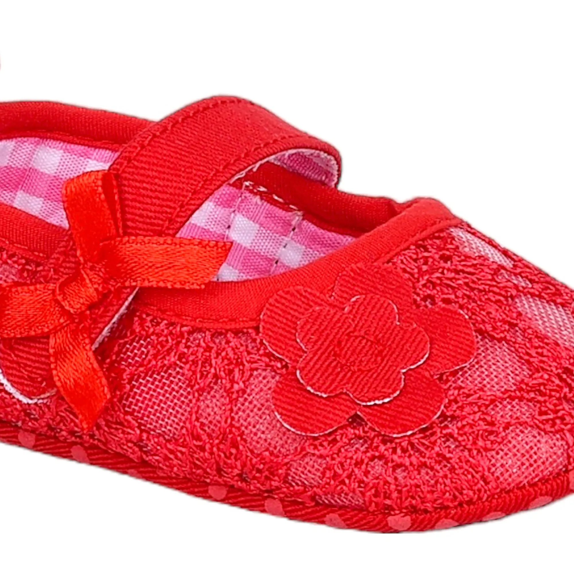 Baby Moo Floral Applique Lace Velcro Strap Ballerina Booties - Red