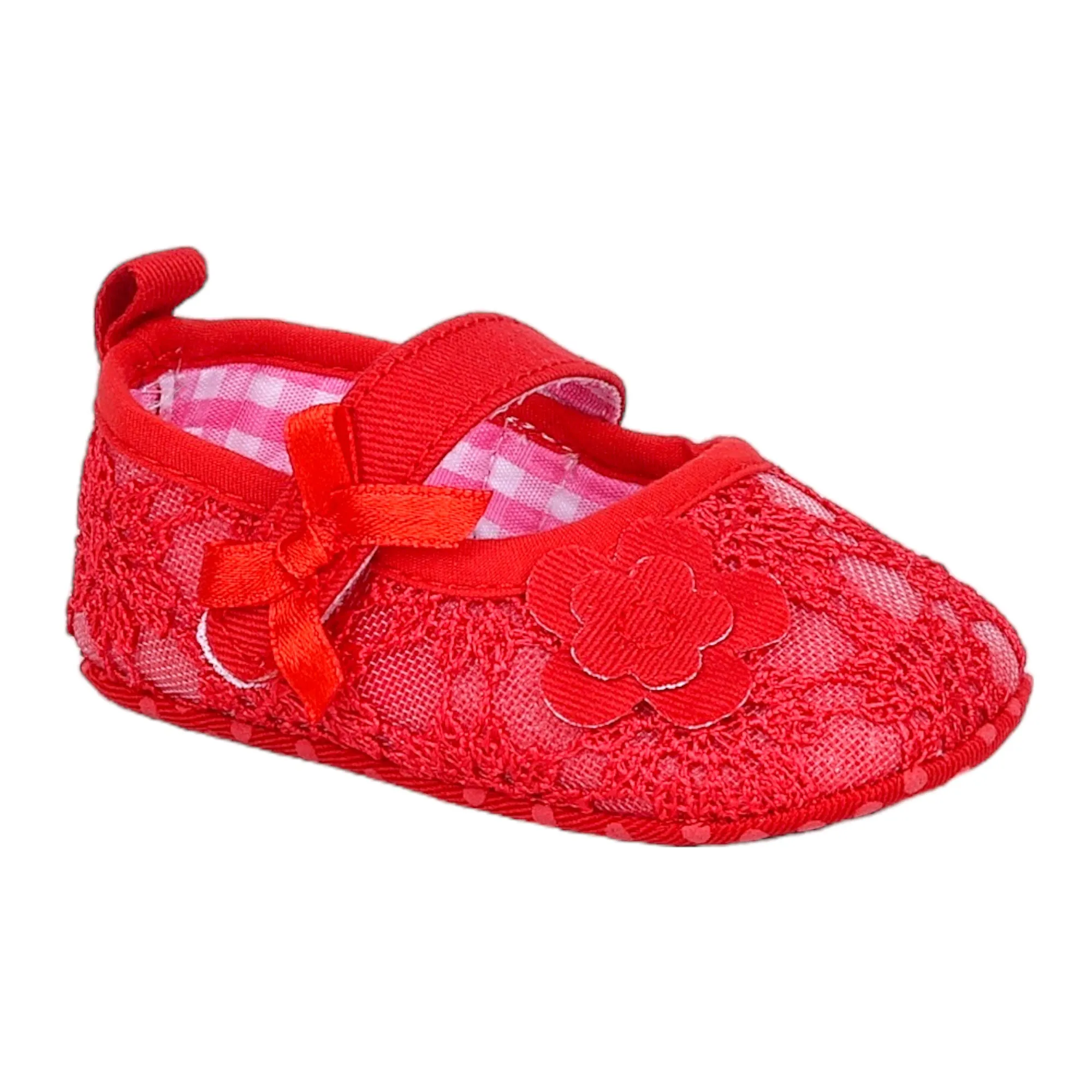 Baby Moo Floral Applique Lace Velcro Strap Ballerina Booties - Red