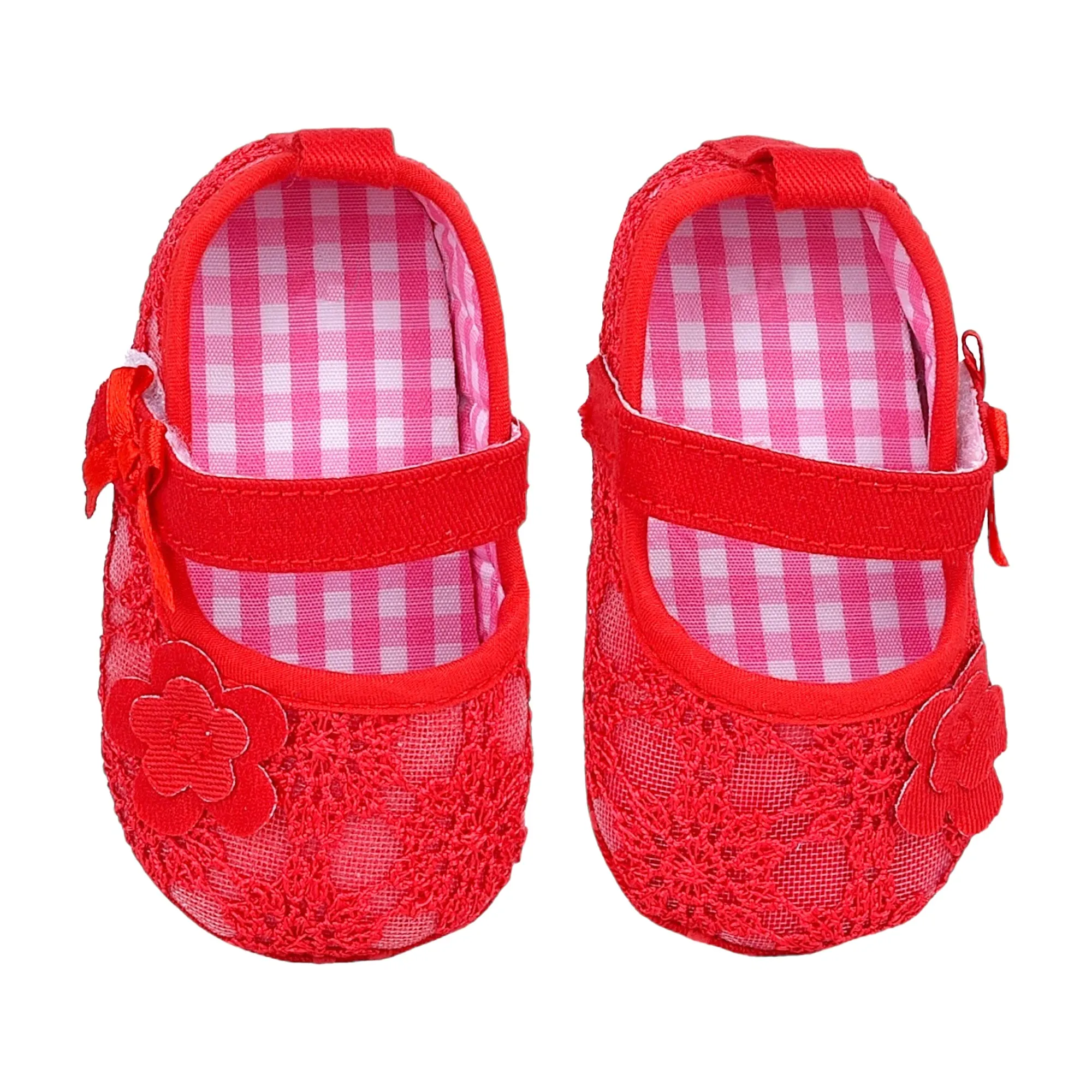 Baby Moo Floral Applique Lace Velcro Strap Ballerina Booties - Red