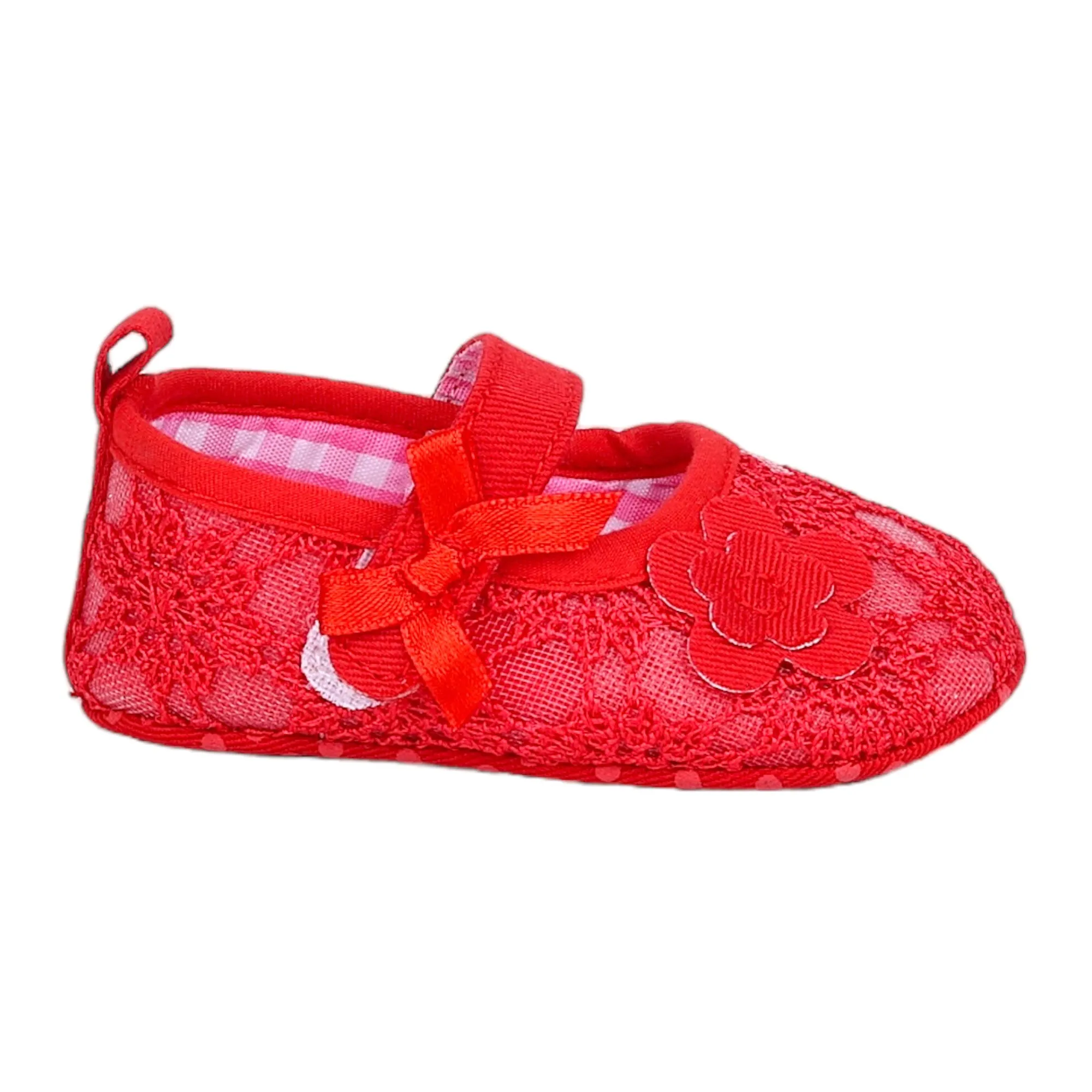 Baby Moo Floral Applique Lace Velcro Strap Ballerina Booties - Red