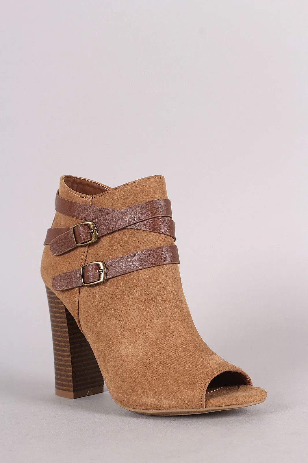 Bamboo Suede Buckled Strap Chunky Heeled Booties