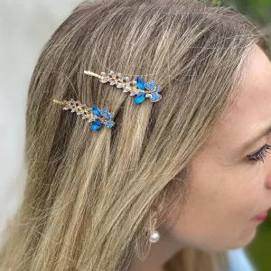 Blue Hair Slides Blue Hair Clips Crystal Hair Grips Floral Set of 2