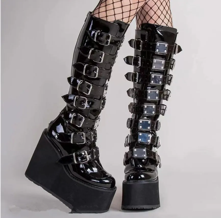 Christmas Gift Plus Size 43 Design Platform Thick Heel Mid Calf Boots Women Punk Cool Gothic Black Buckle Shoes Woman High Boots Women's Boots