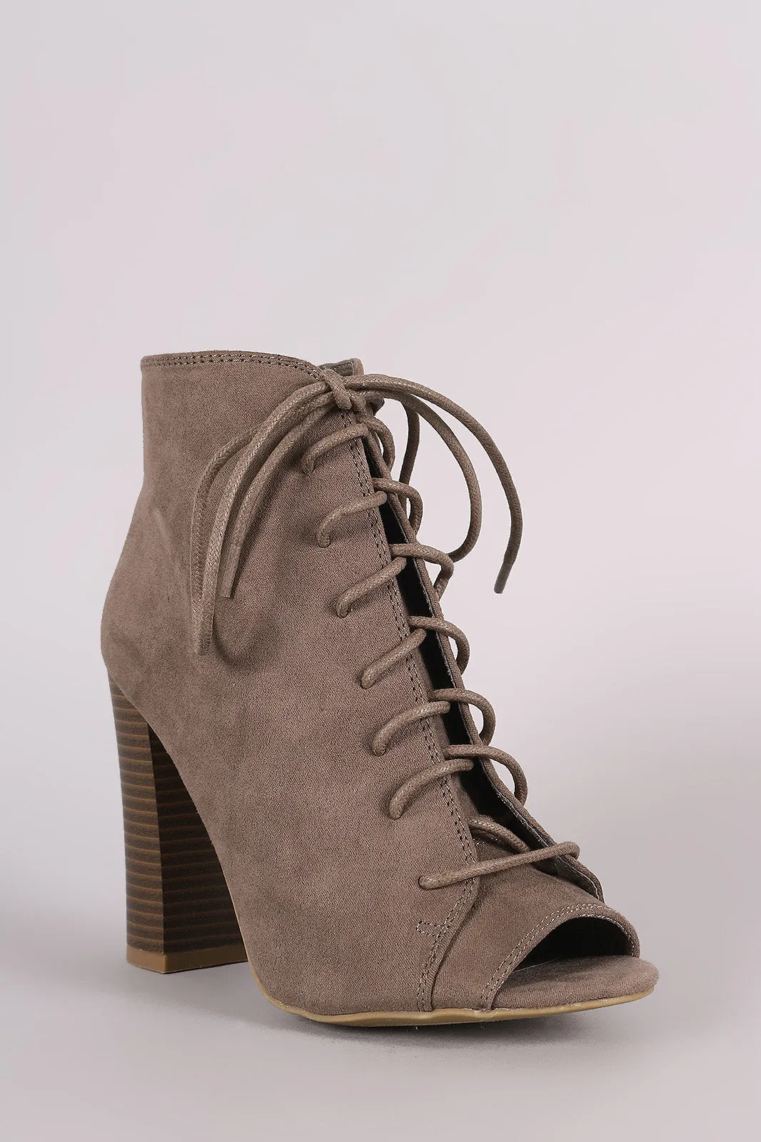 Libby - Suede Peep Toe Lace-Up Chunky Heeled Booties