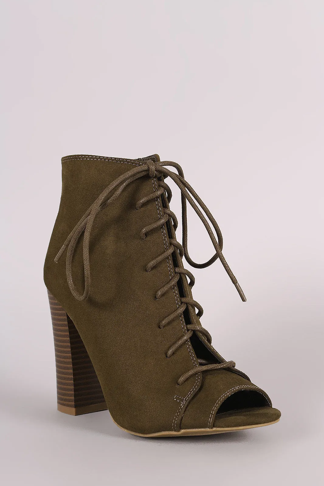 Libby - Suede Peep Toe Lace-Up Chunky Heeled Booties