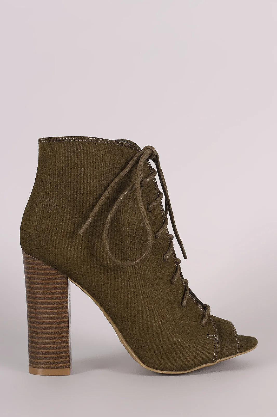 Libby - Suede Peep Toe Lace-Up Chunky Heeled Booties