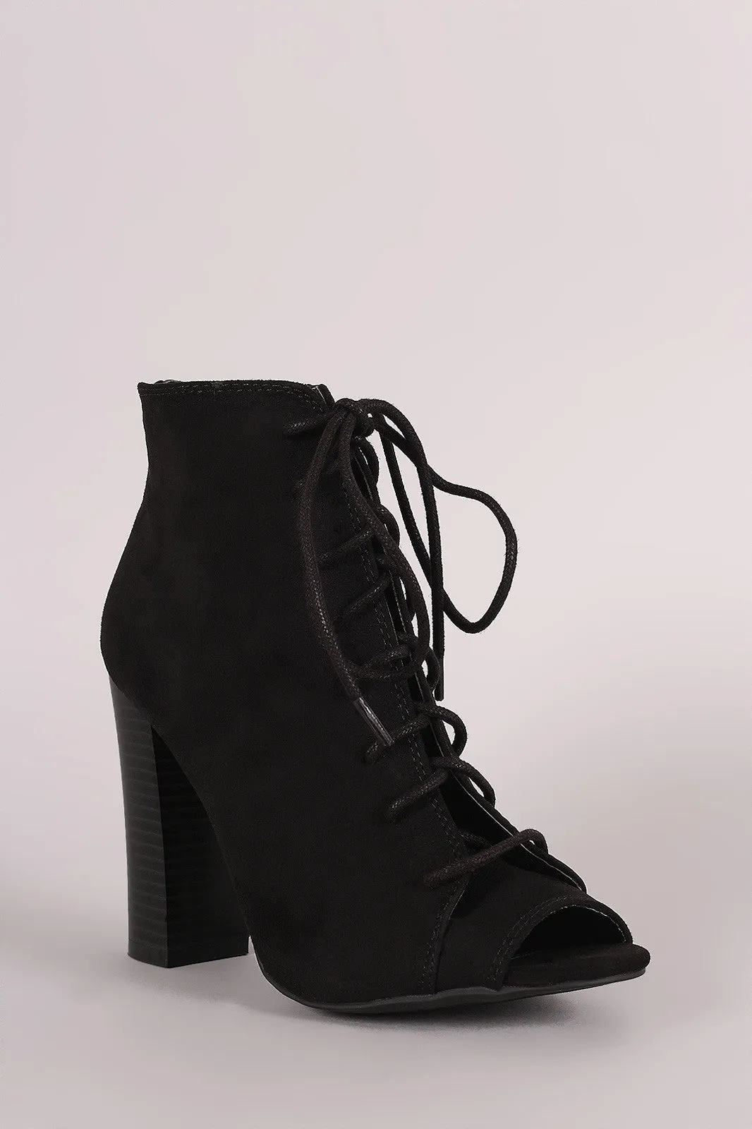 Libby - Suede Peep Toe Lace-Up Chunky Heeled Booties