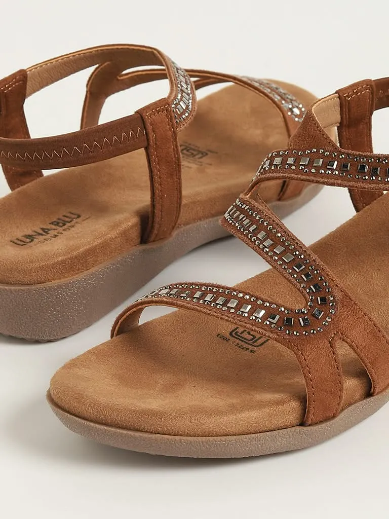 LUNA BLU Brown Embellished Faux Suede Sandals