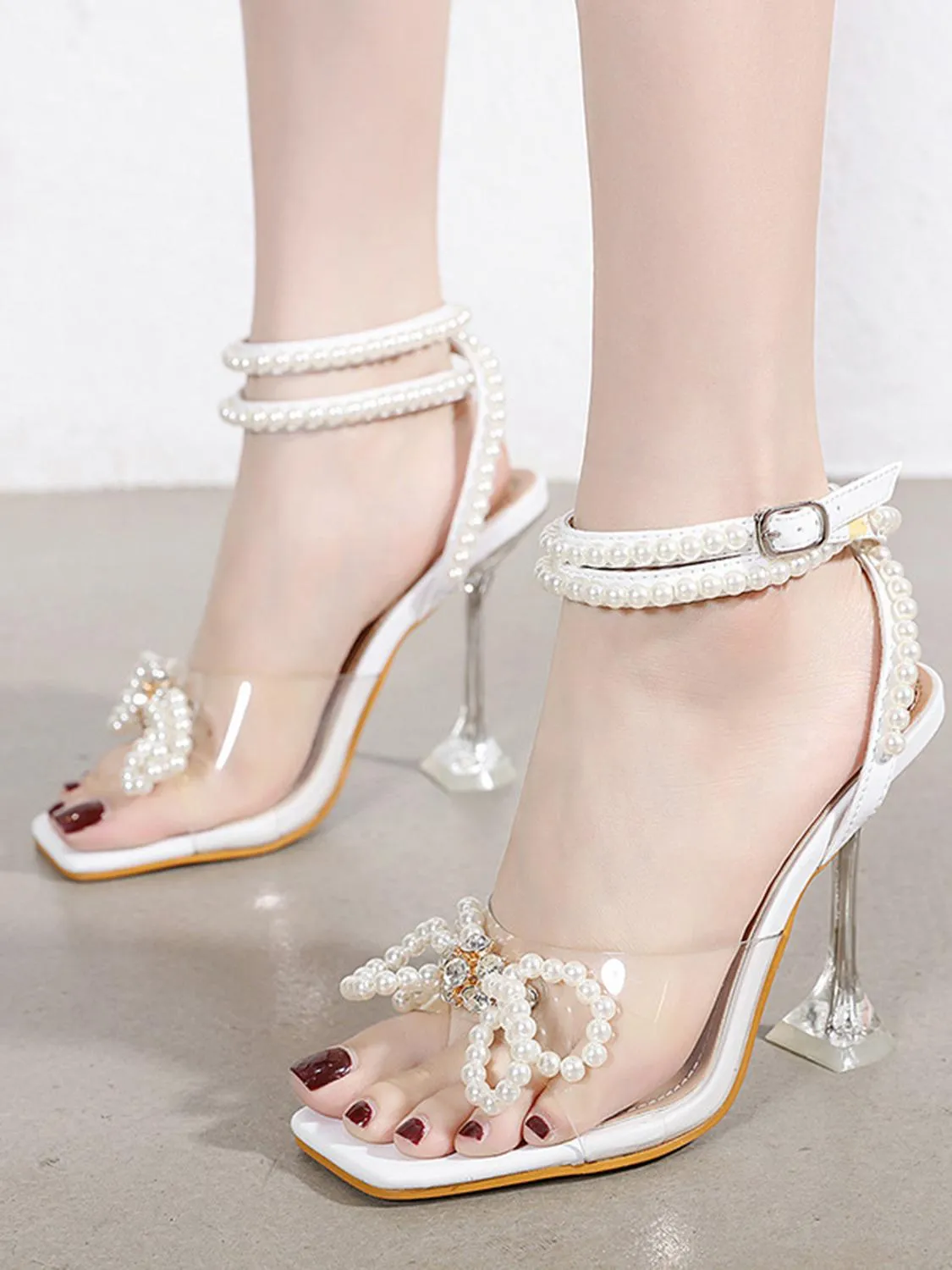 Pearl Bowknot Decor High Heel Sandals