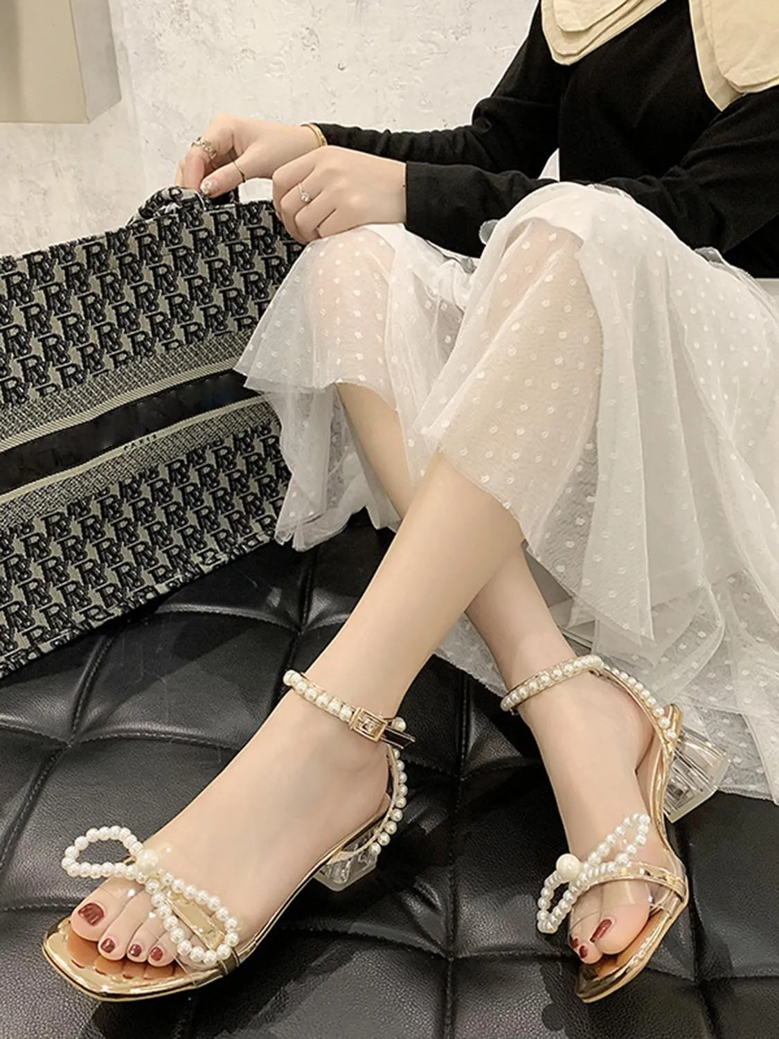 Pearl Bowknot Decor High Heel Sandals