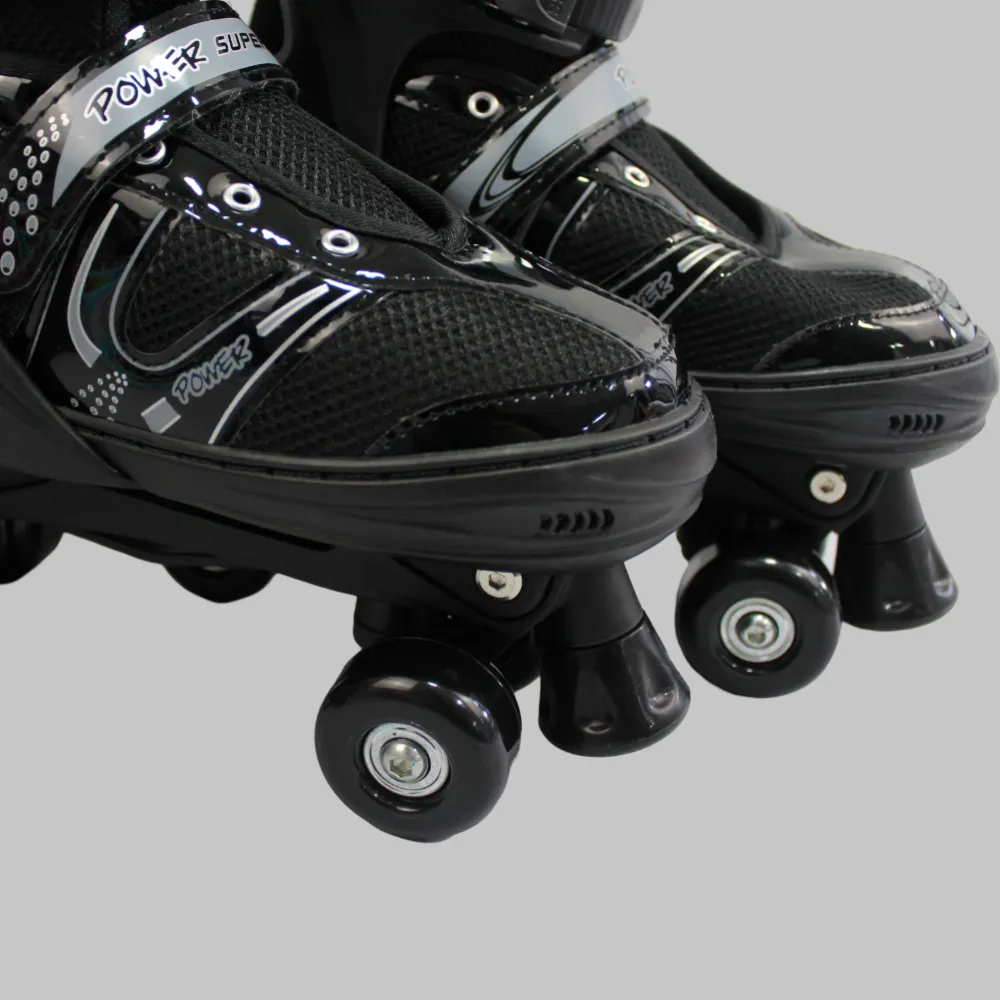 Power Superb Adjustable Roller Skate Shoes 2-Rows 4-Wheels (Large, Black)