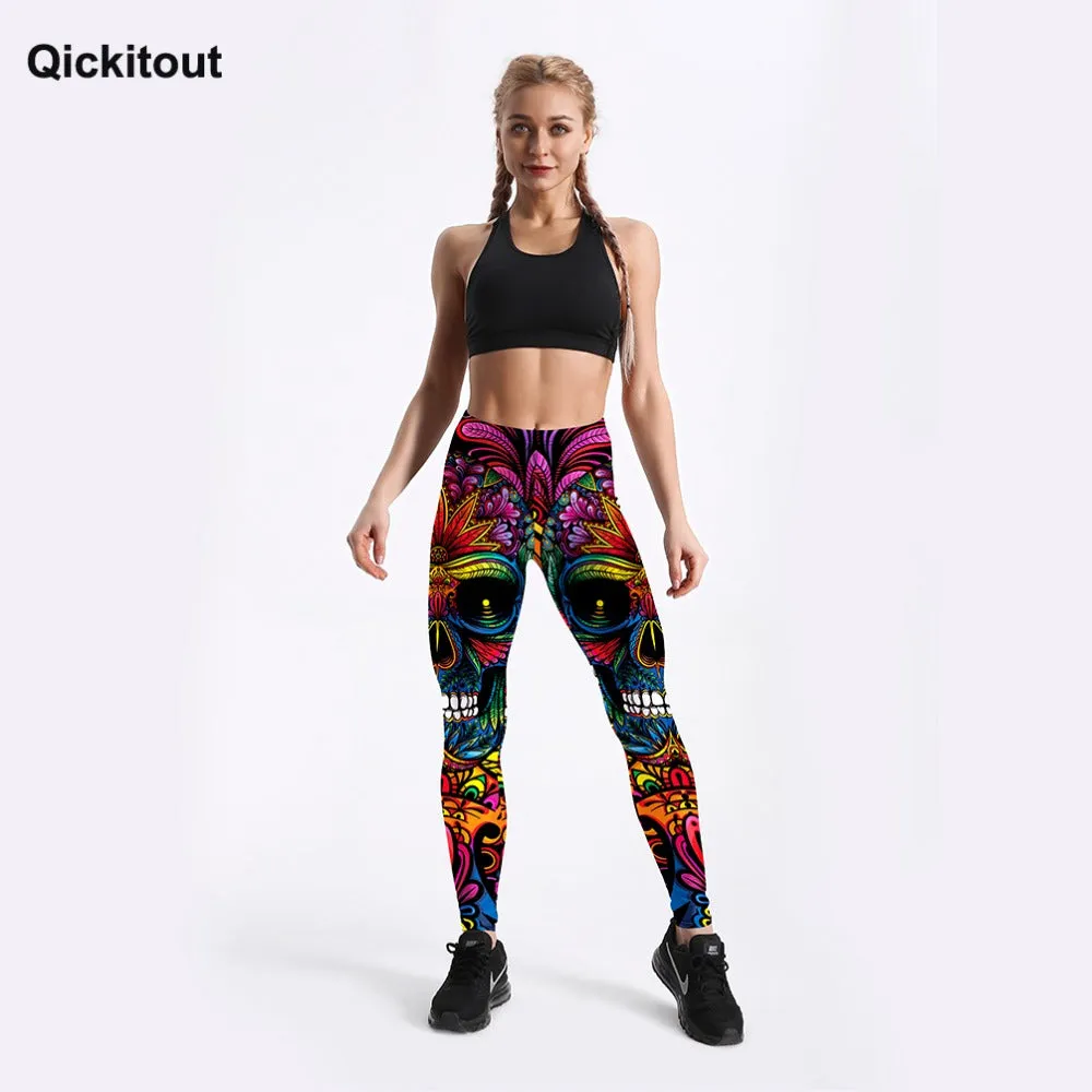 QICKITOUT  Women's Workout Fitness Active Wear Leggings in Skull & Kaleidoscope Print