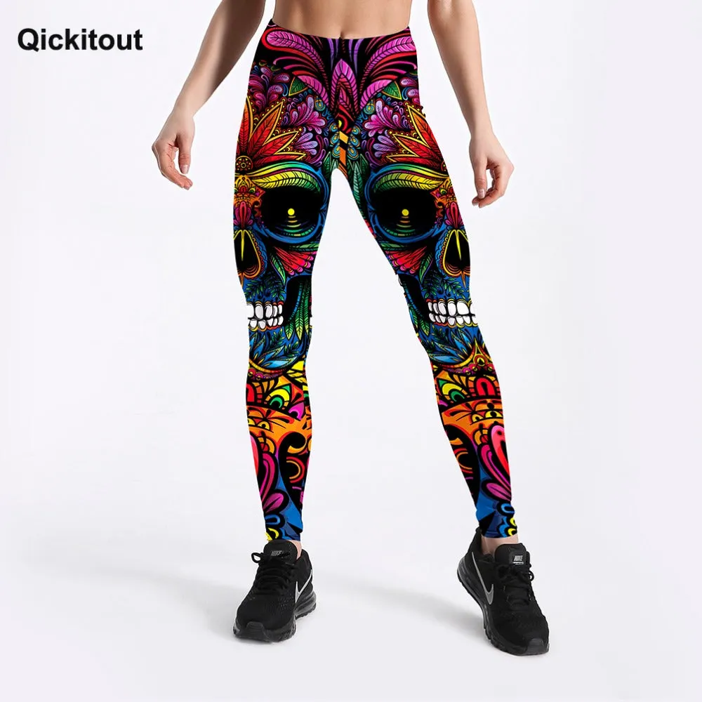 QICKITOUT  Women's Workout Fitness Active Wear Leggings in Skull & Kaleidoscope Print