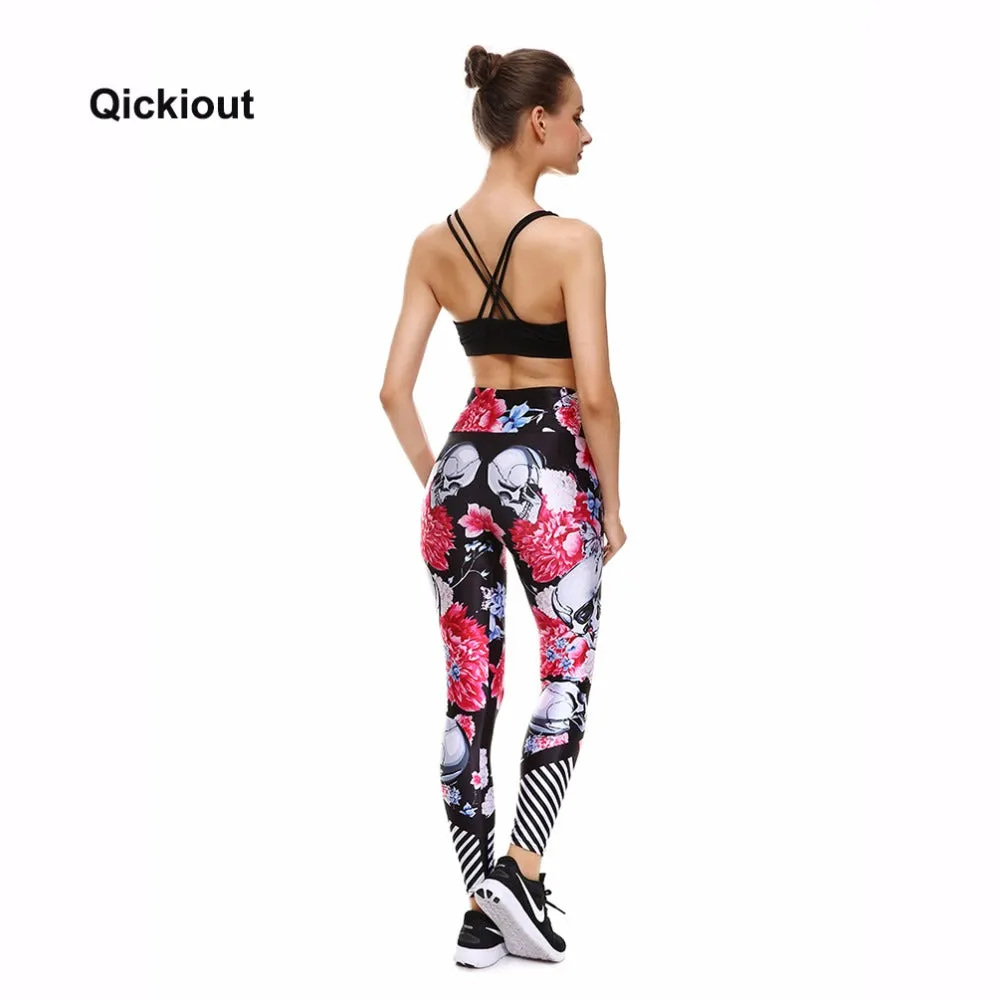 QICKITOUT  Women's Workout Fitness Active Wear Leggings in Skulls & Flowers Print