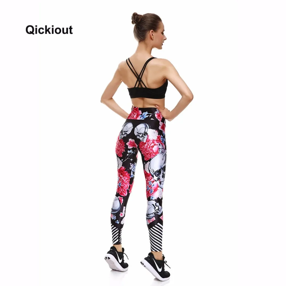 QICKITOUT  Women's Workout Fitness Active Wear Leggings in Skulls & Flowers Print