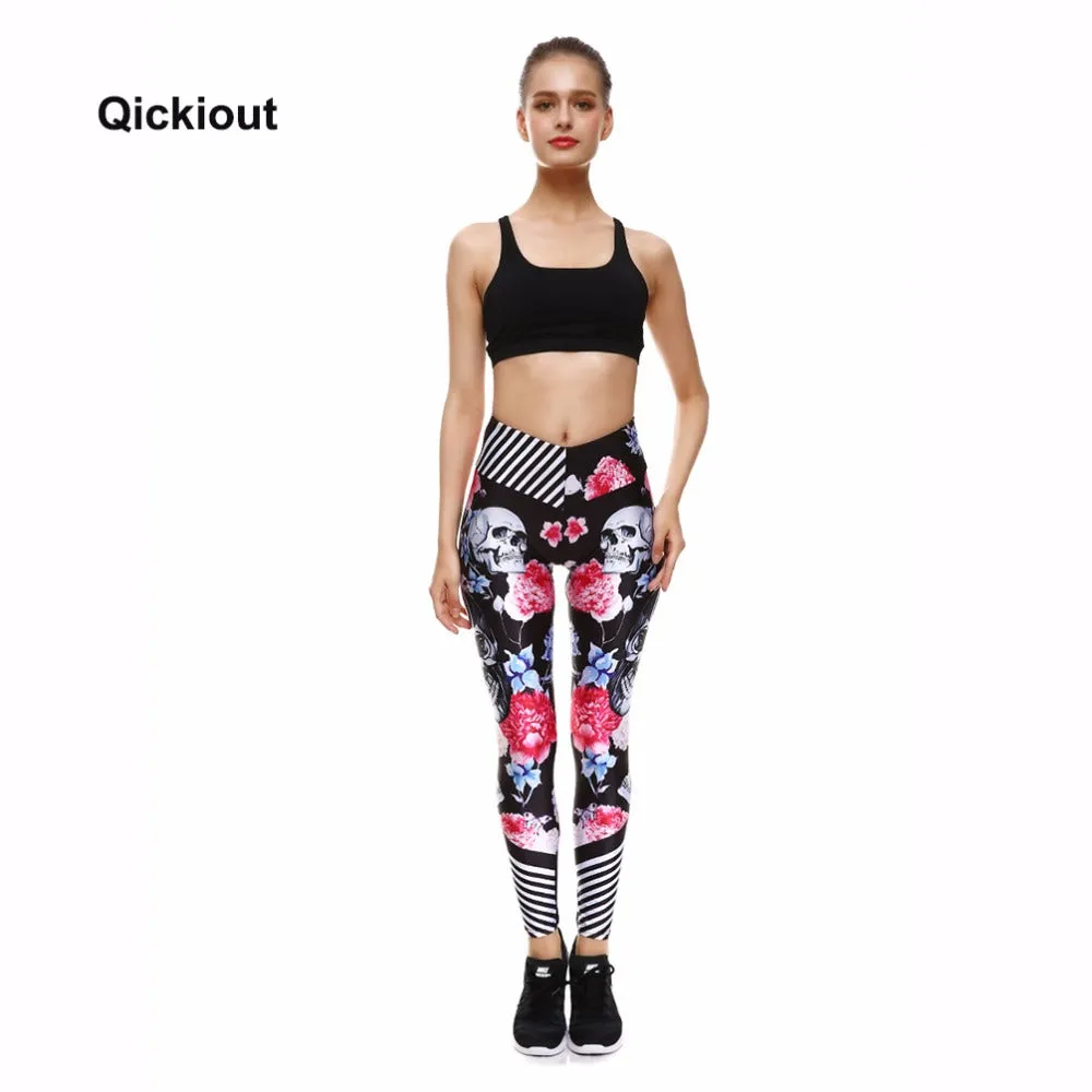 QICKITOUT  Women's Workout Fitness Active Wear Leggings in Skulls & Flowers Print