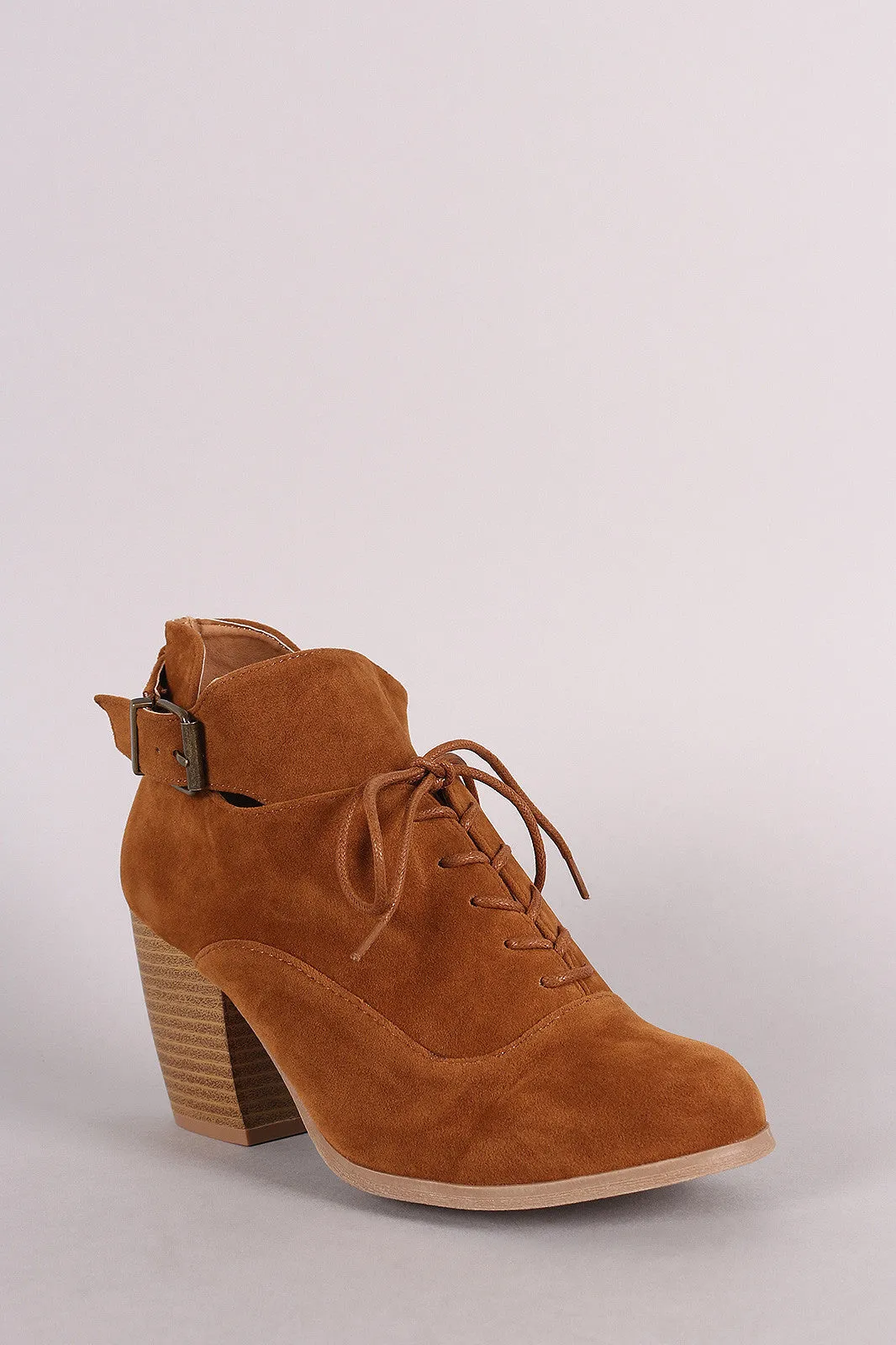 Qupid Lace Up Buckle Tongue Chunky Heel Booties