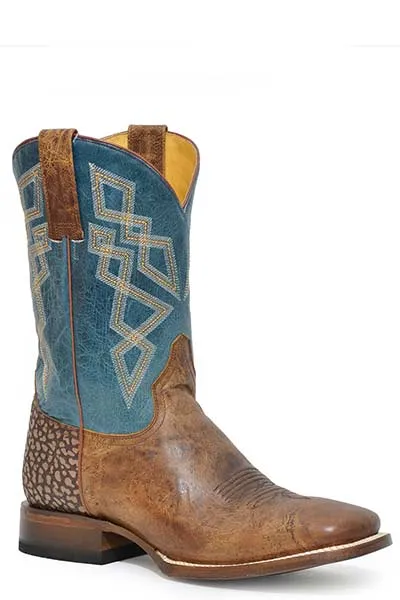 Roper Footwear Men's Waxy Tan Broad Square Toe Western Boots with Burnished Blue Tops