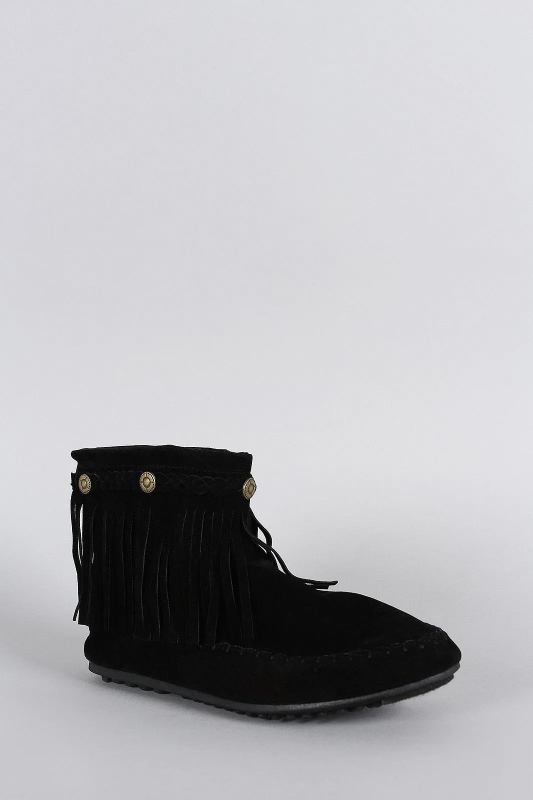 Suede Button Braided Fringe Round Toe Booties