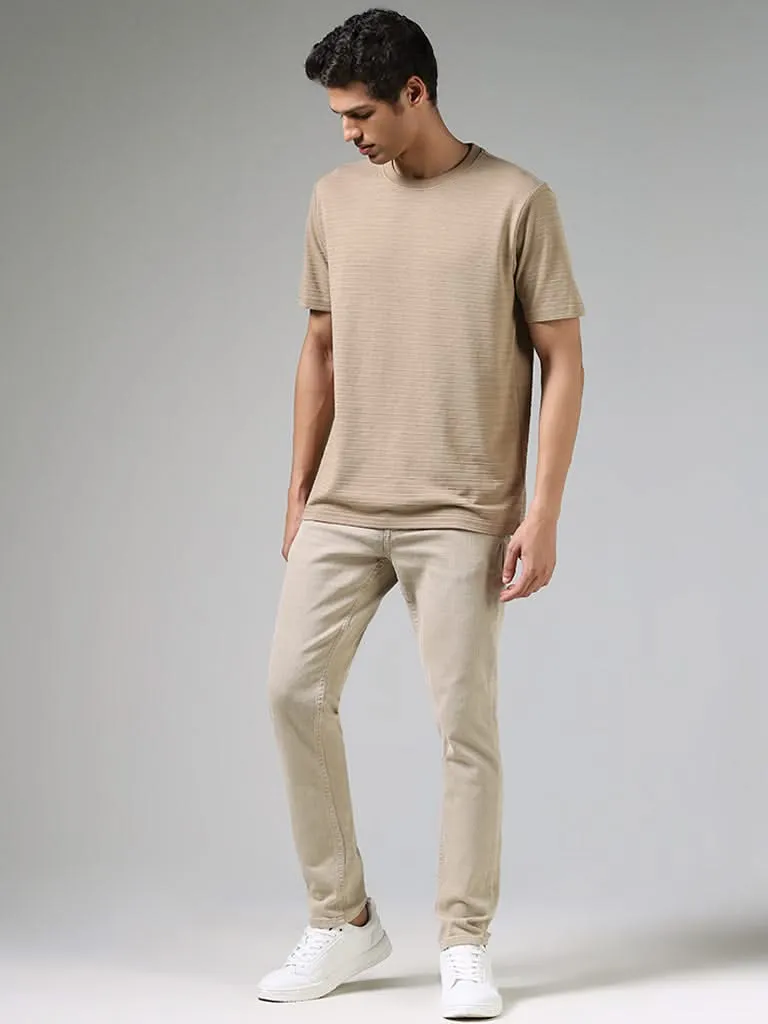 WES Casuals Beige Striped Textured Cotton Relaxed-Fit T-Shirt