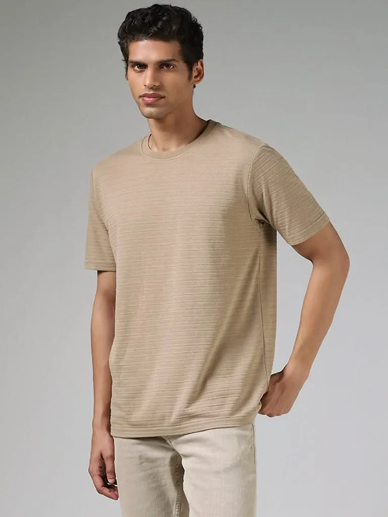 WES Casuals Beige Striped Textured Cotton Relaxed-Fit T-Shirt