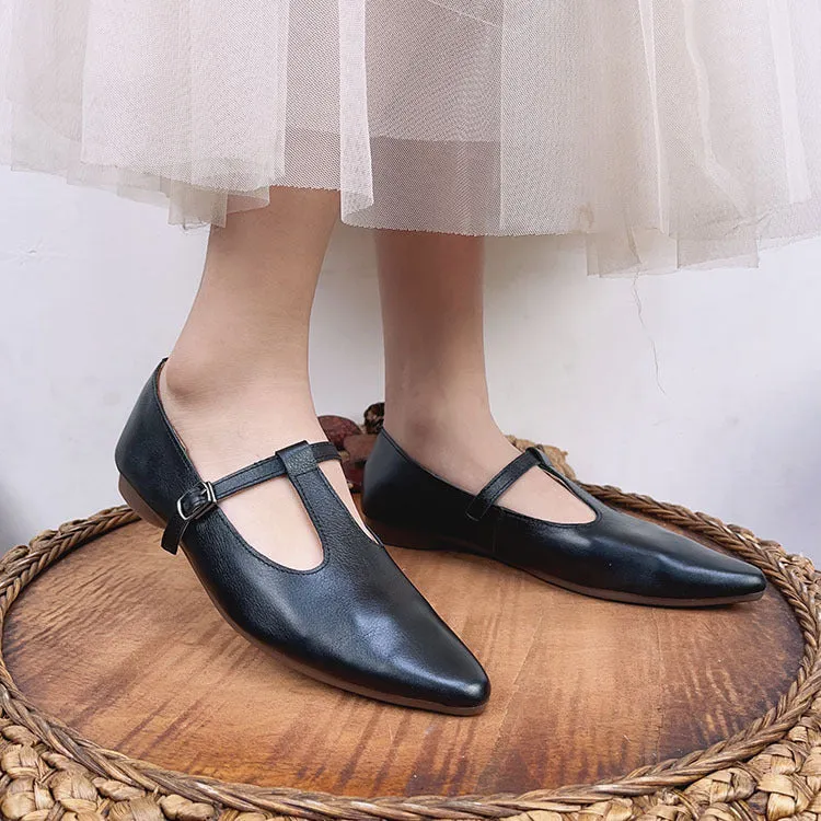 Womens Pointed Toe Leather Mary Jane Shoes